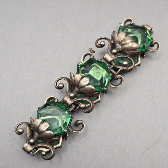 Art Nouveau Sterling Silver Demi-Parure Green Glass Floral Bracelet Earrings - Picture 13 of 16